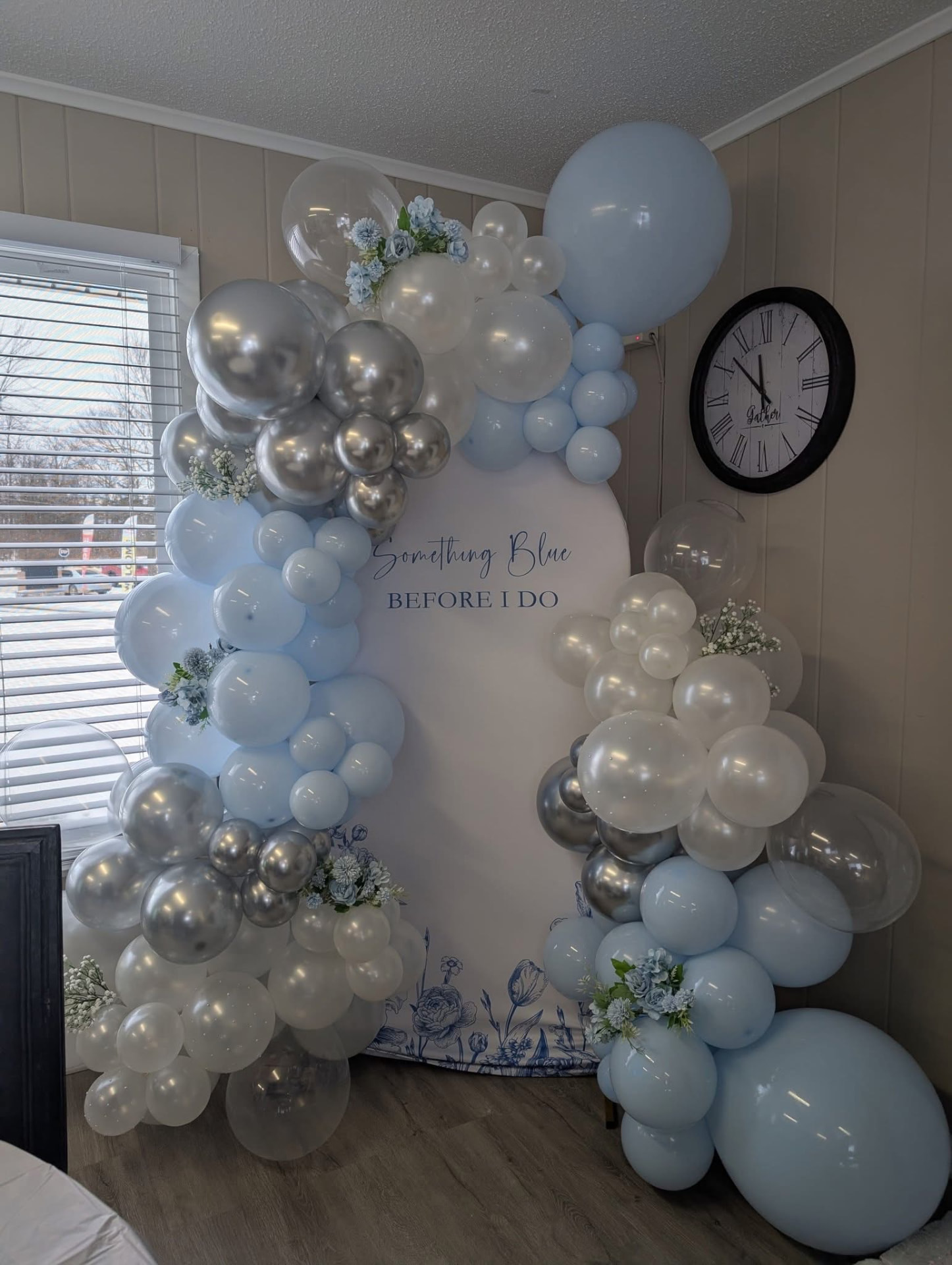 Blue and silver 'Something Blue Before I Do' bridal shower balloon arch